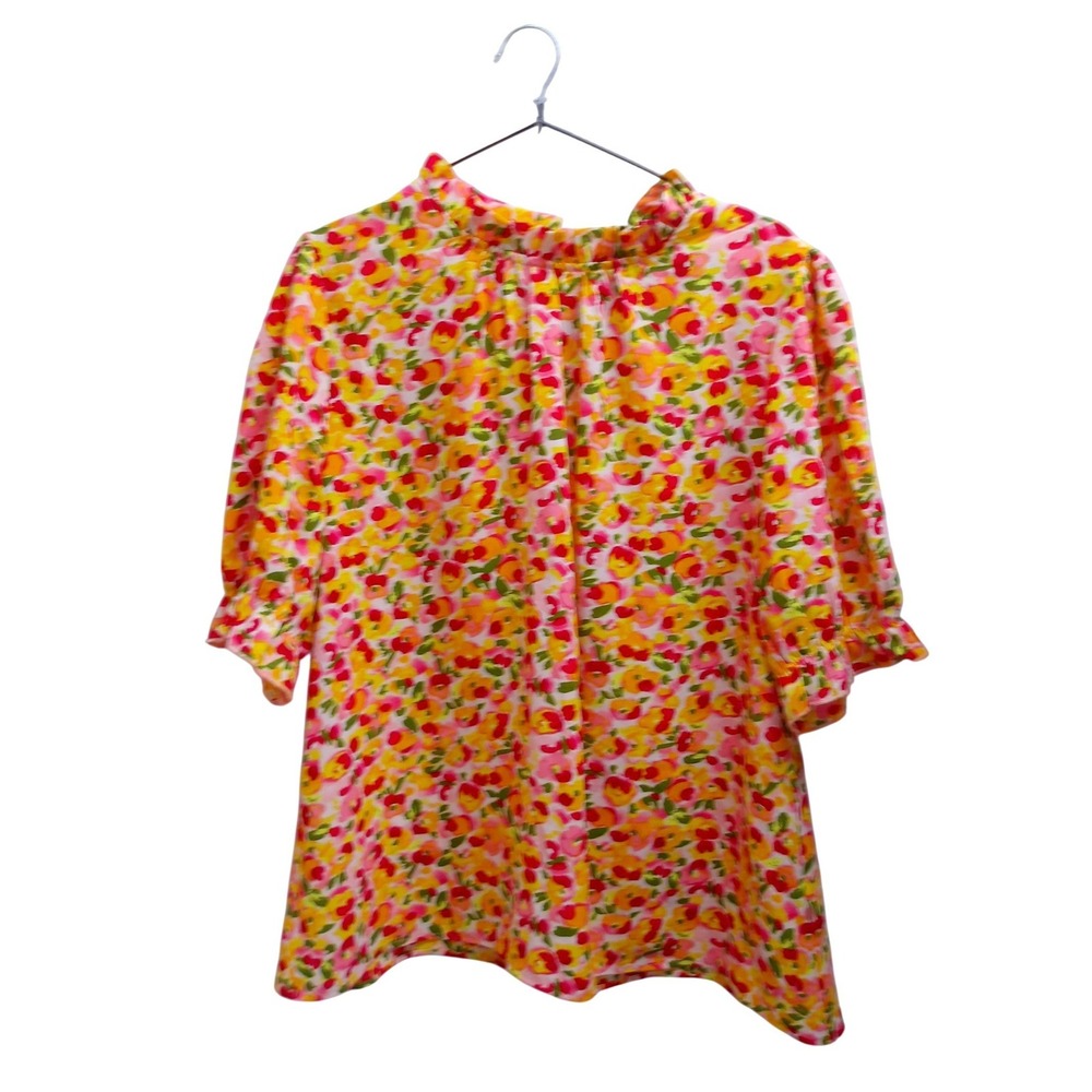 Floral Print Ruffle Cuff Blouse Yellow Pink Orange Relaxed Top XL /#26620